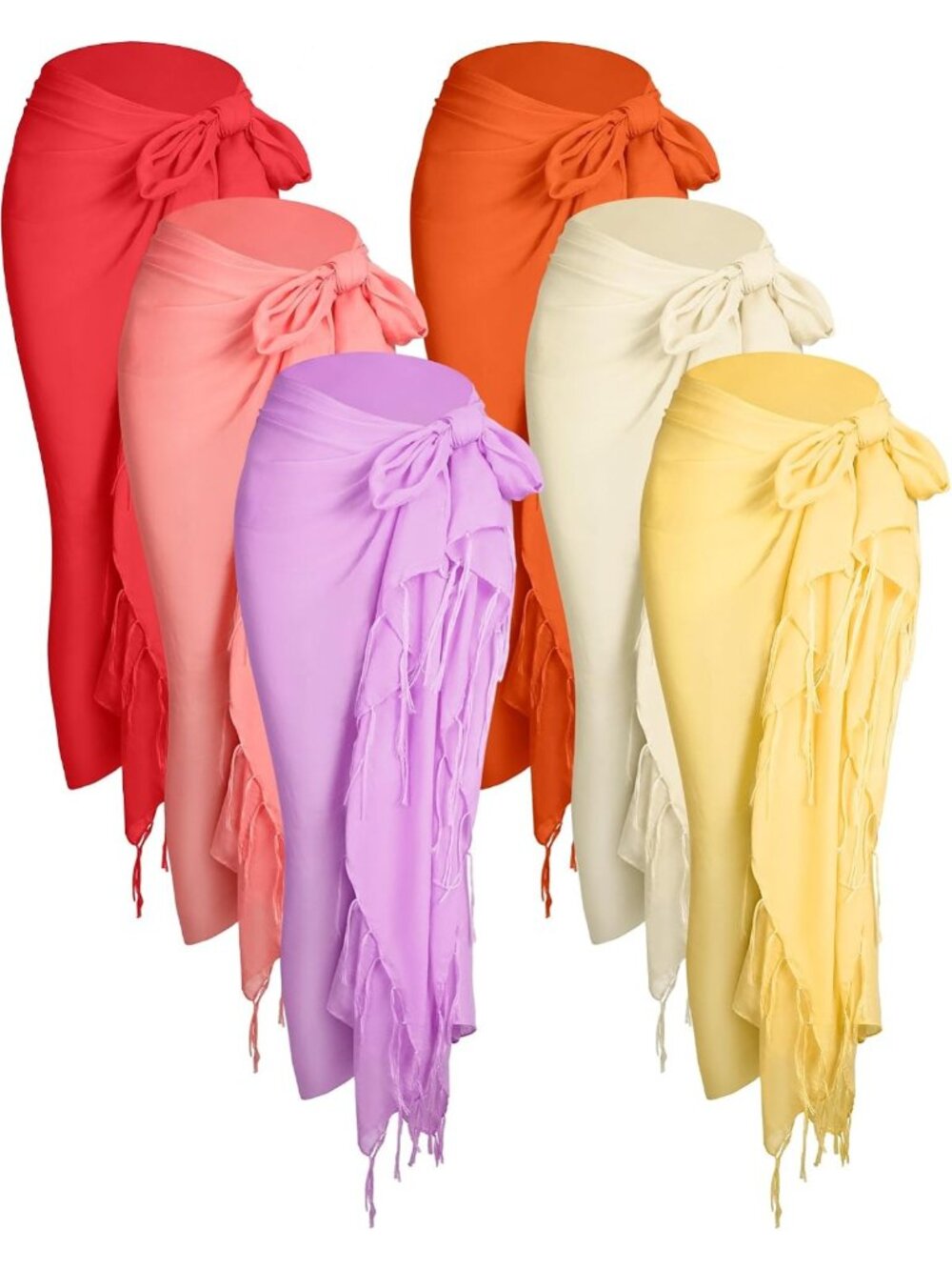 6-Piece Women's Beach Sarong Wraps, Batik Pareo Coverups with Tassels - Perfect